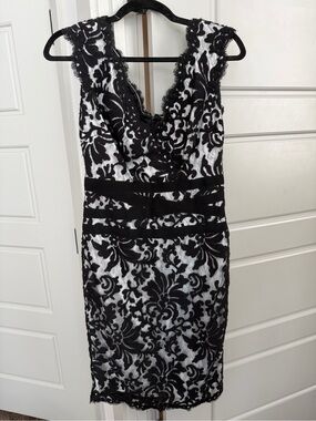 Tadashi Shoji Navy Blue Embroidered Lace Scalloped Edge Sleeveless Dress